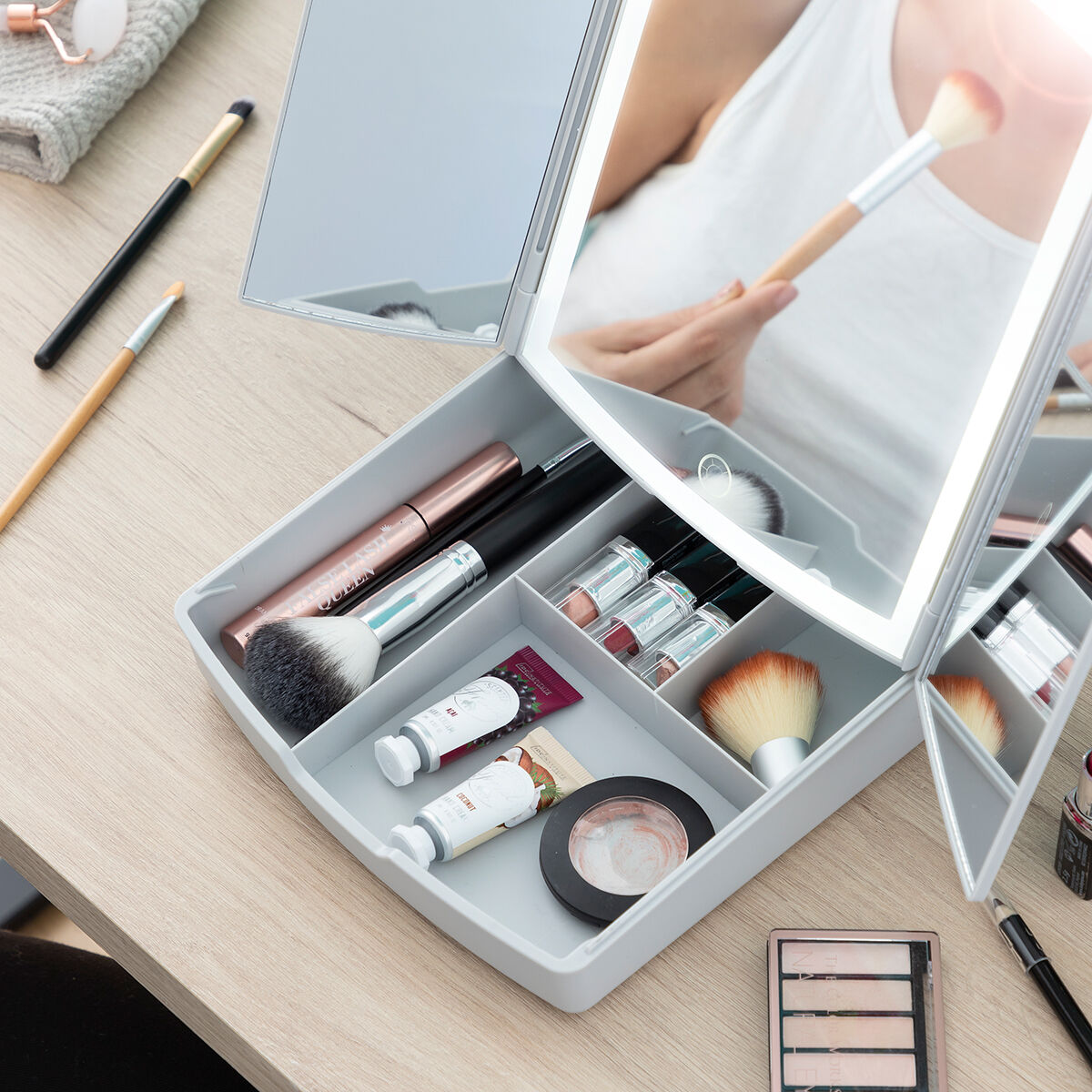 Innovagoods 3-In-1 Folding Led Mirror With Make-Up Organiser Panomir Innovagoods