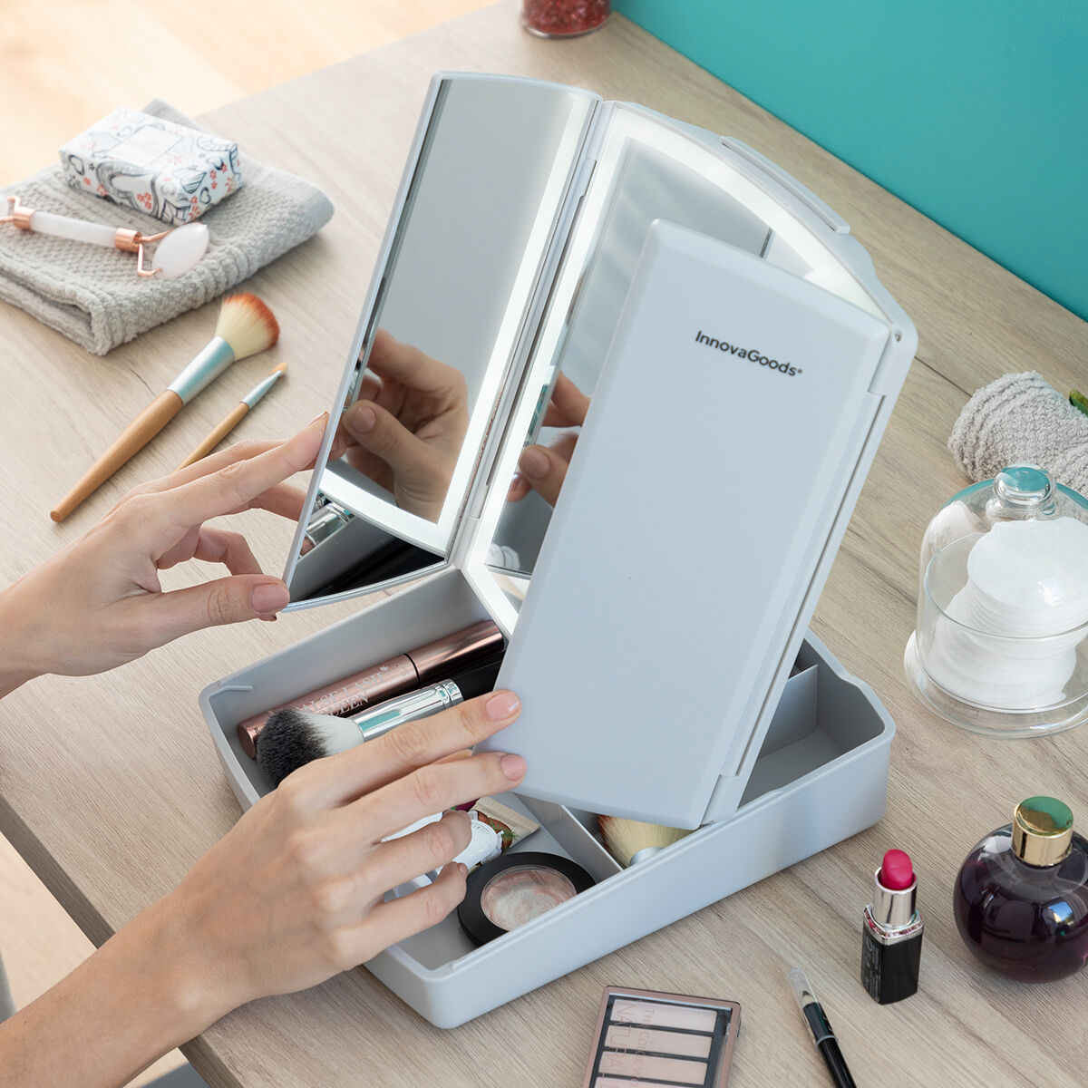Innovagoods 3-In-1 Folding Led Mirror With Make-Up Organiser Panomir Innovagoods