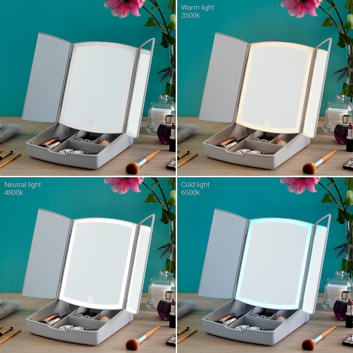Innovagoods 3-In-1 Folding Led Mirror With Make-Up Organiser Panomir Innovagoods